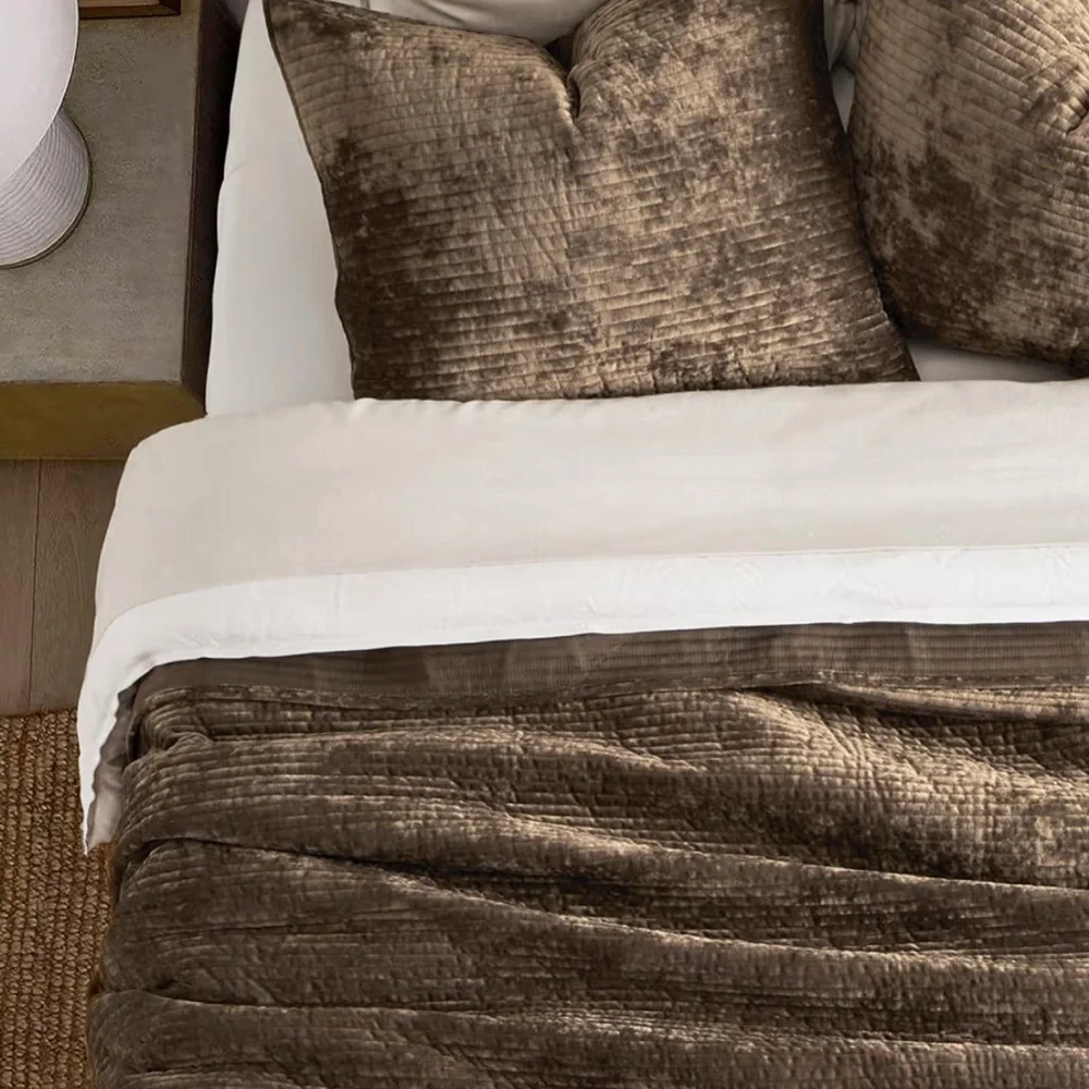 🆕 PB Style King 3 Piece Velvet Quilt Coverlet Set Chocolate Brown Luxe Soft NEW